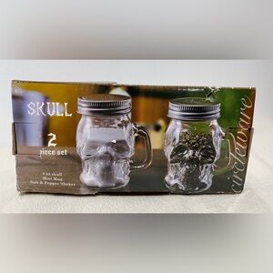 Glass Skull SALT & PEPPER SHAKERS With Handle Skeleton Halloween Goth Spooky